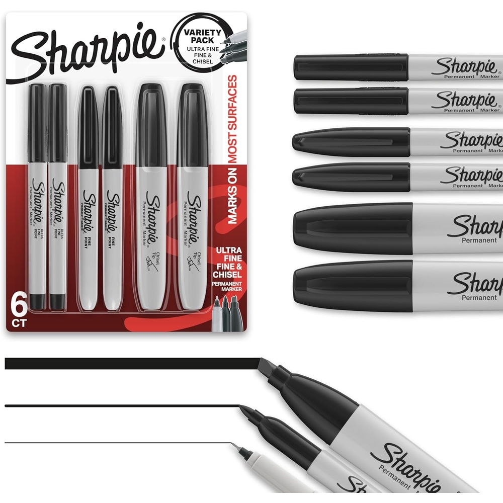 image:imageSharpie Permanent Markers Variety Pack Includes Chisel Fine and UltraFine Tips Marker Set Writing Coloring Poster Office School Supplies Black 6 CountPen